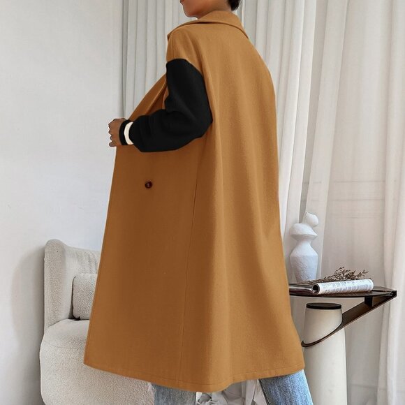 Multicolor Casual Womens Colorblock Drop Shoulder Double Breasted Overco… - Picture 2 of 5